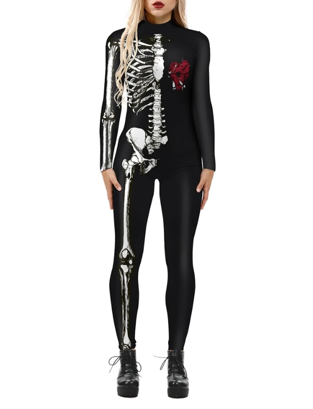 

Jumpsuit Women Fashion Mock Neck Long Sleeve Halloween Colorful Skeleton Print Costume Skinny Jumpsuit 2023 Autumn Overalls