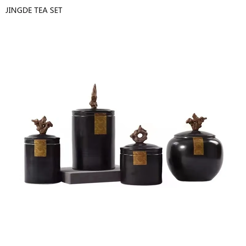 Black Ceramic Tea Organizer Box Household Kitchen Sealed Moisture-proof Coffee Container Teahouse Storage Jar Tea Accessory
