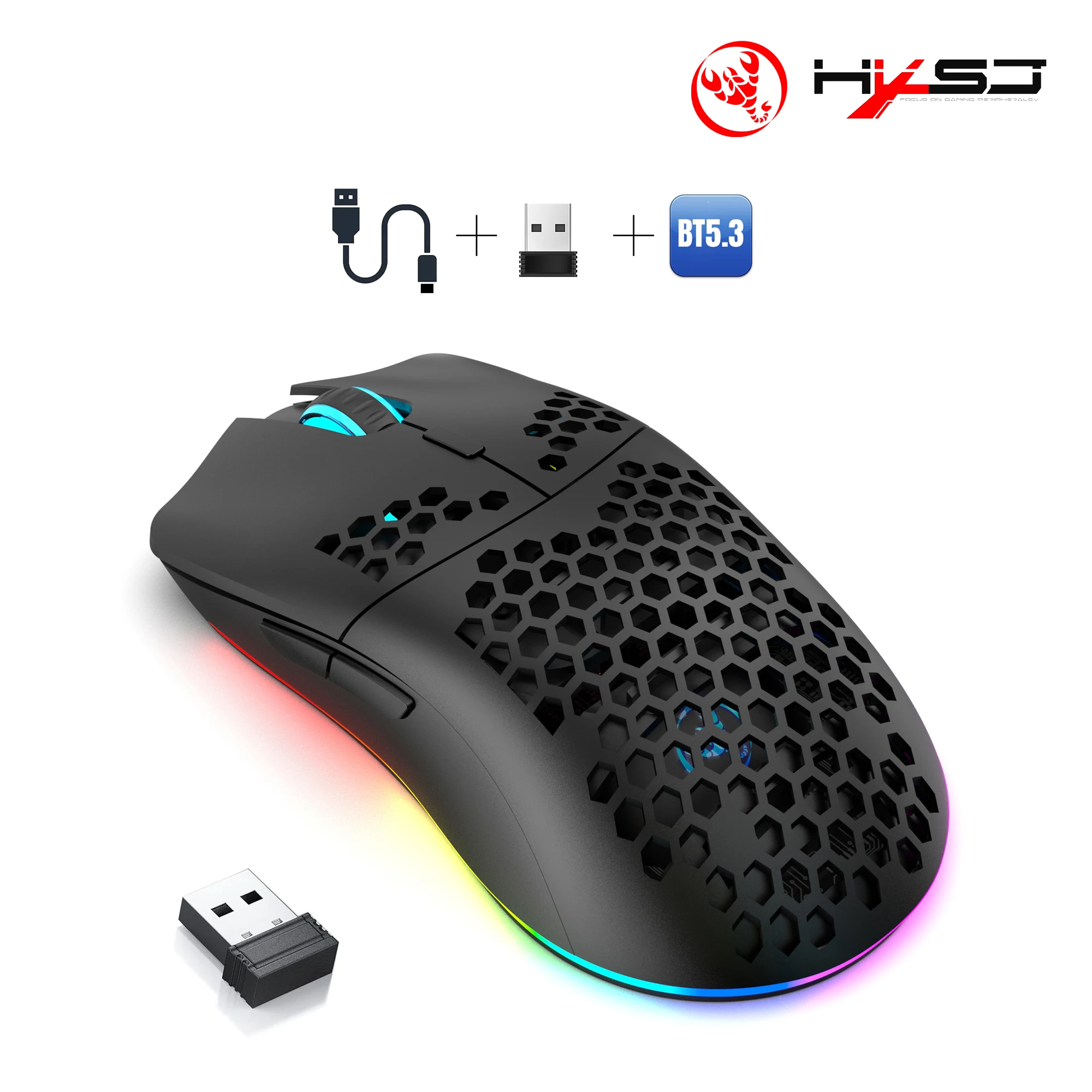 HXSJ T66 3 modlu 10000 DPI oyun kablosuz fare RGB ışıklı 650 mAh şarj edilebilir 6 düğme makro programlanabilir fareler pc masaüstü için