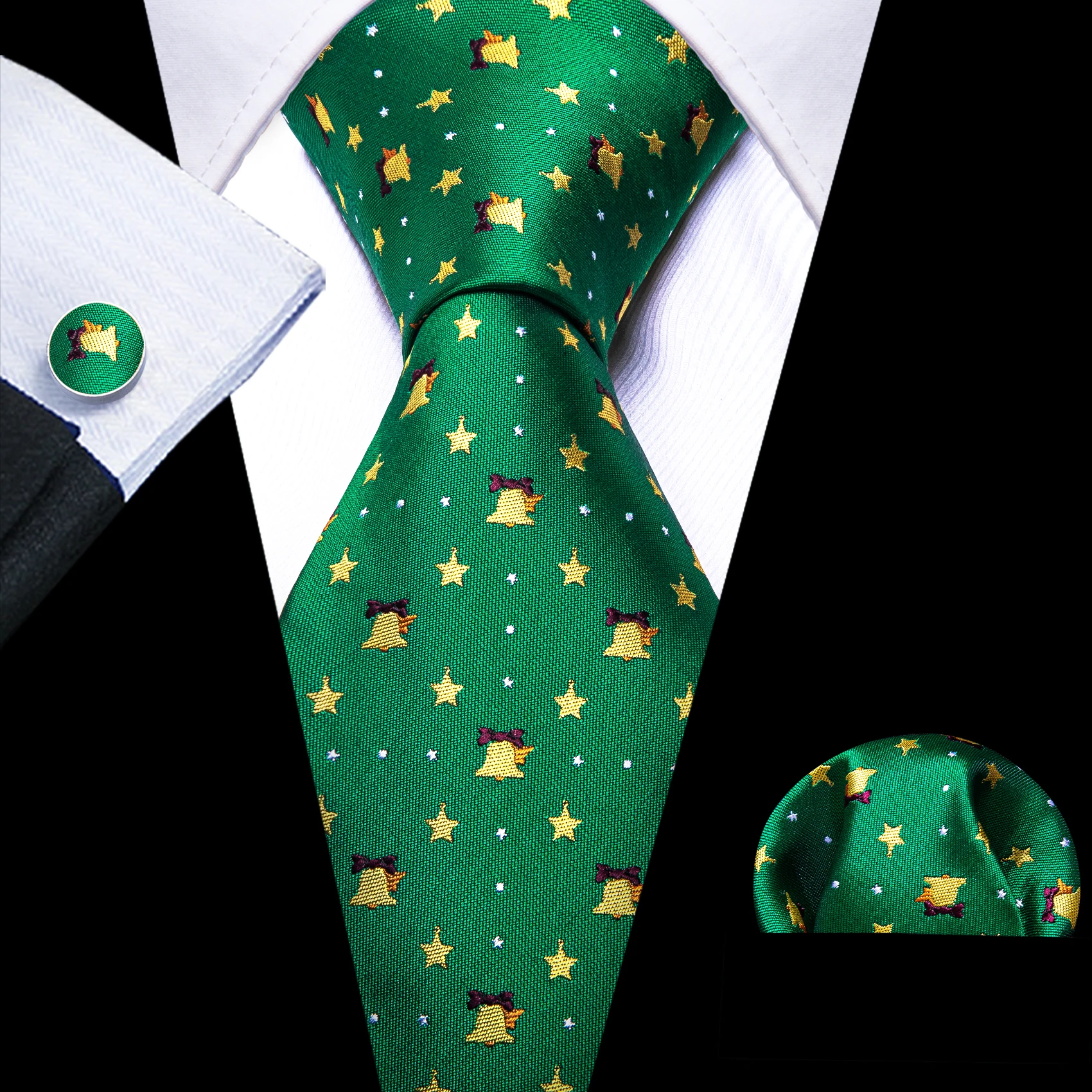 

Christmas Green Gold Gingle Bells Silk Men Tie Red Blue Snowflake Trees Necktie Handkerchief Cufflinks Gift Set Barry. Wang