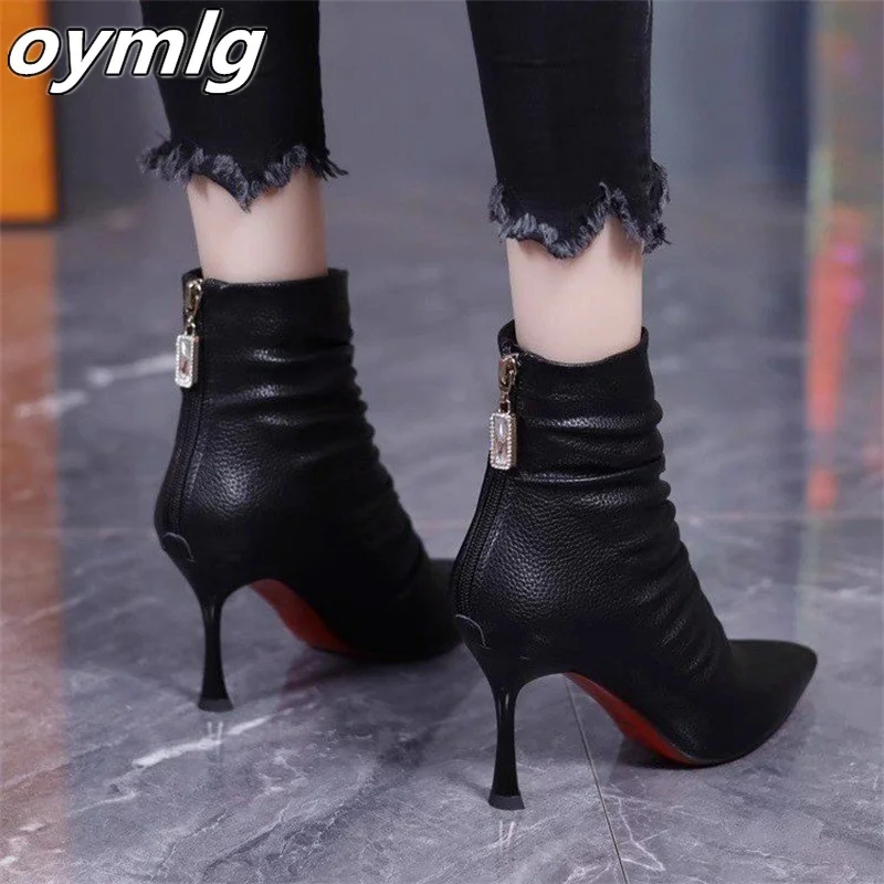 2023 Autumn and Winter New Fashion Pointed Back Zipper High Heel Short Boots Thin Heel Fashion Women's Boots high heels