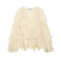 DUOPERI Women Fashion Solid Ruffled Blouse Vintage V-Neck Long Sleeves Female Chic Lady Shirts - Image 4