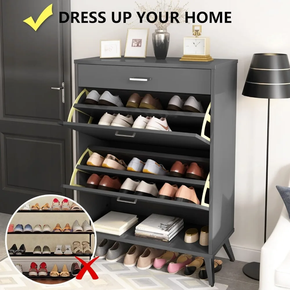 Shoe Storage Cabinet for Entryway, Free Standing Shoe Organizer with 2 Flip Drawers,Hidden Shoe Rack Storage Organizer 5