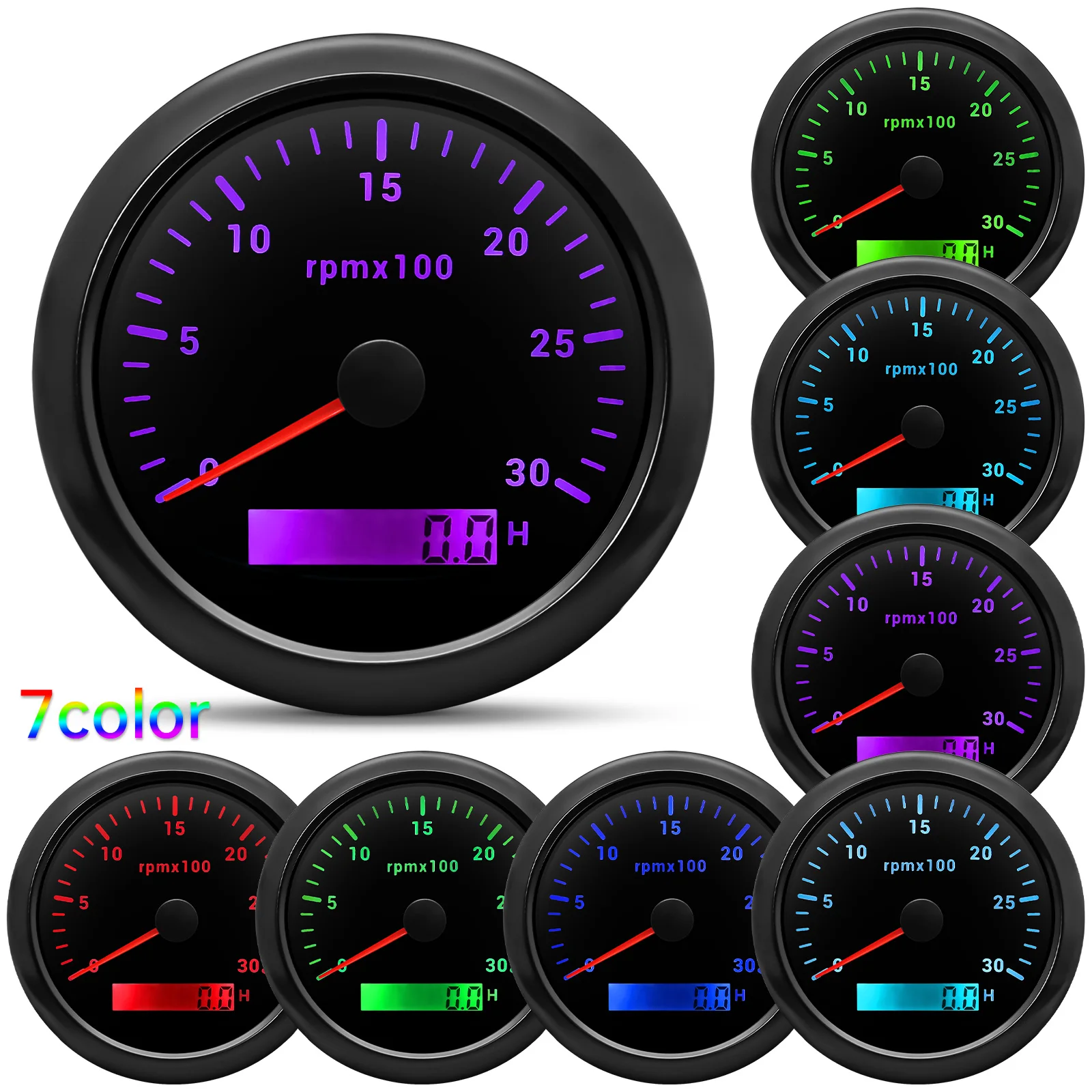 Engine Tachometer 85MM Diesel 3000/4000/6000/8000 RPM Gauge REV Counter With Digital Hourmeter 7 Color Backlight 12V 24V