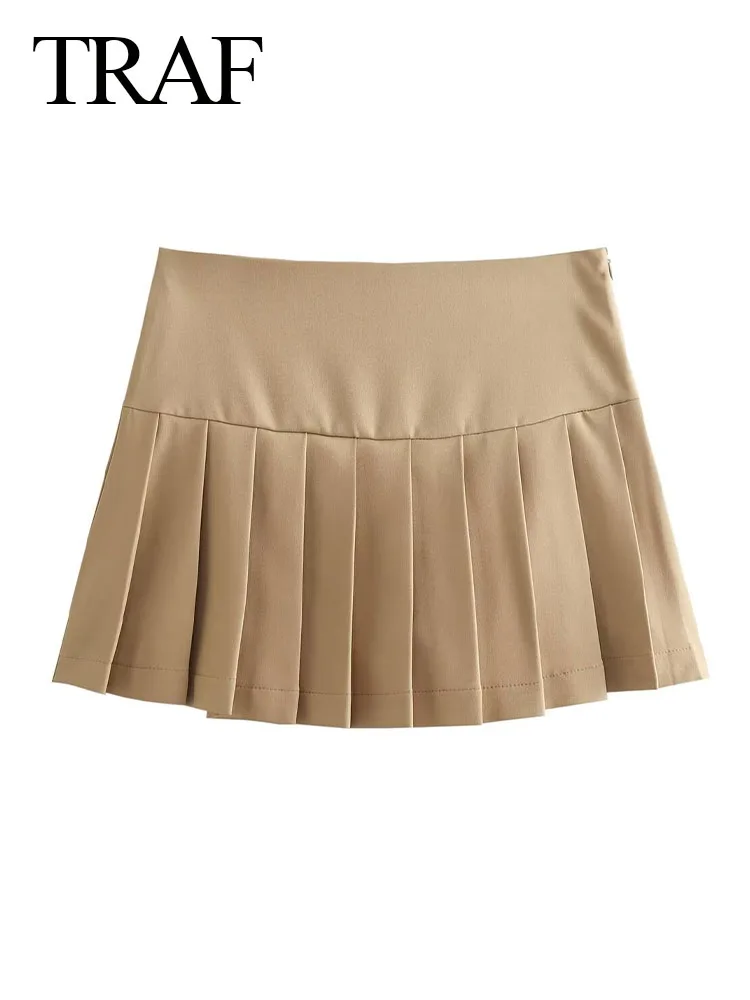 

TRAF 2024 Female Pleated Skirt Khaki High Waist Folds Decorate Zipper Slim Skirt Woman's New Fashion Summer Casual Skirts