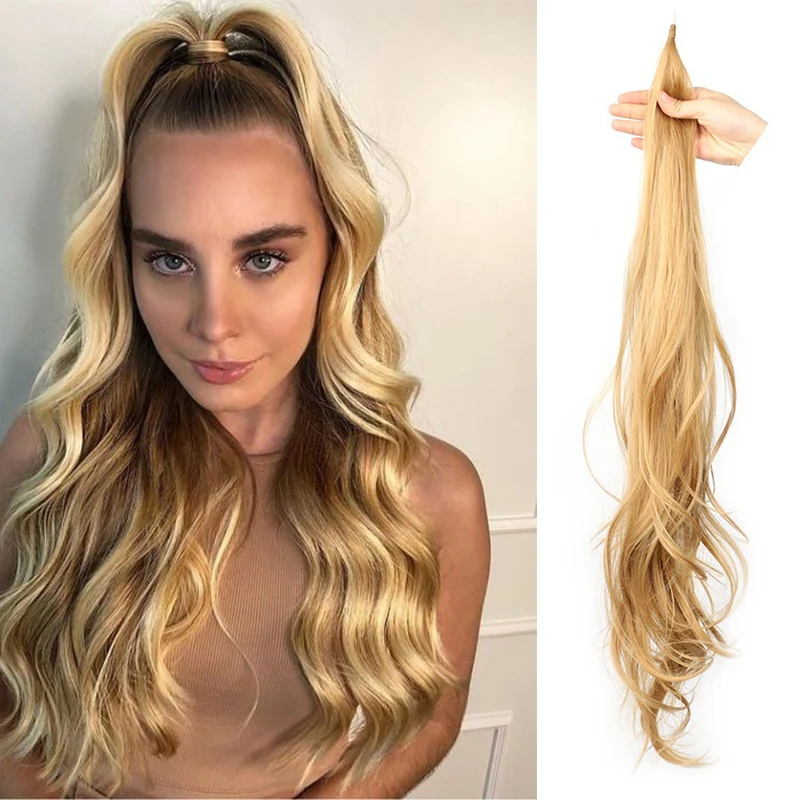 

Long Curly Flexible Wrap Around PonyTail for Women 32inch Natural Wave Fake Tail Extensions Blonde Synthetic Hairpiece Pony Tali