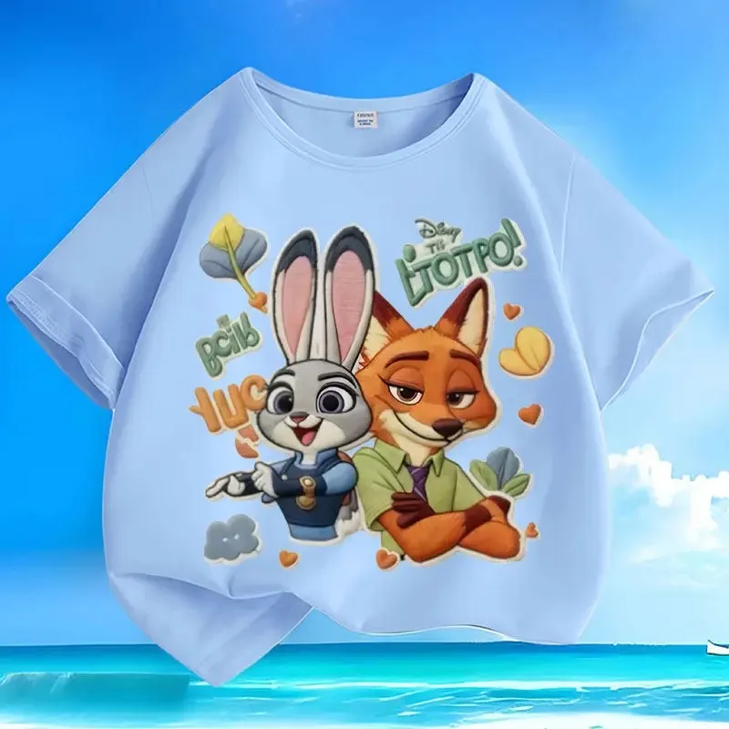 New loose pure cotton t-shirt with Disney Zootopia print, versatile, casual, summer, short-sleeved, with round neck,for children