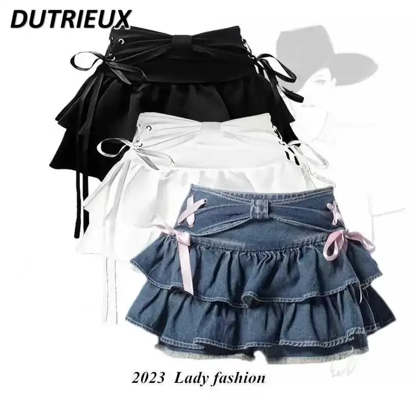 

Sweet Cute Girls' Blue Denim Pleated Short Skirt Hot Girl A- Line Slimming High Waist Lace-up Pettiskirt Mini Kawaii Skirts