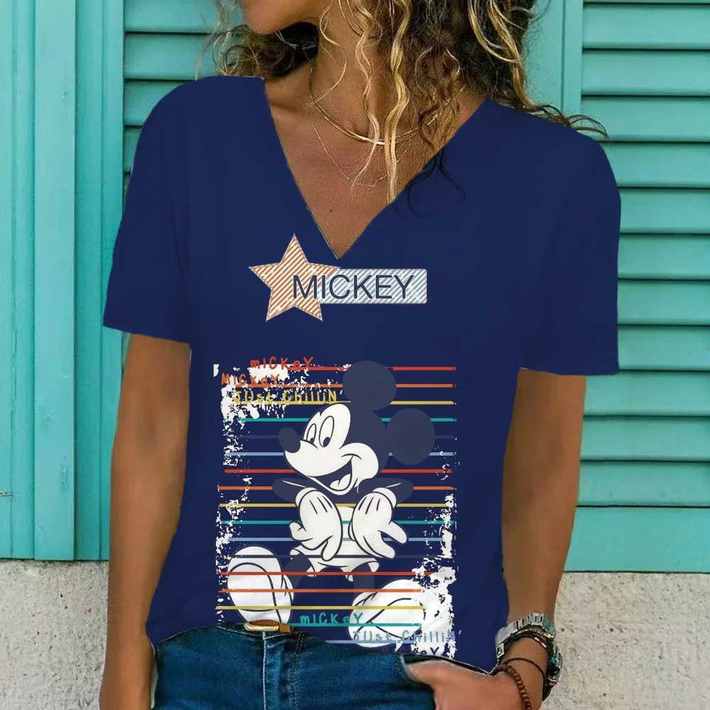 Neue Frauen 3D Disney Minnie Mickey Mouse Print T Shirt Sommer Kurzarm  V-ausschnitt Lose Tops Casual Vintage Weibliche T größe S-5XL