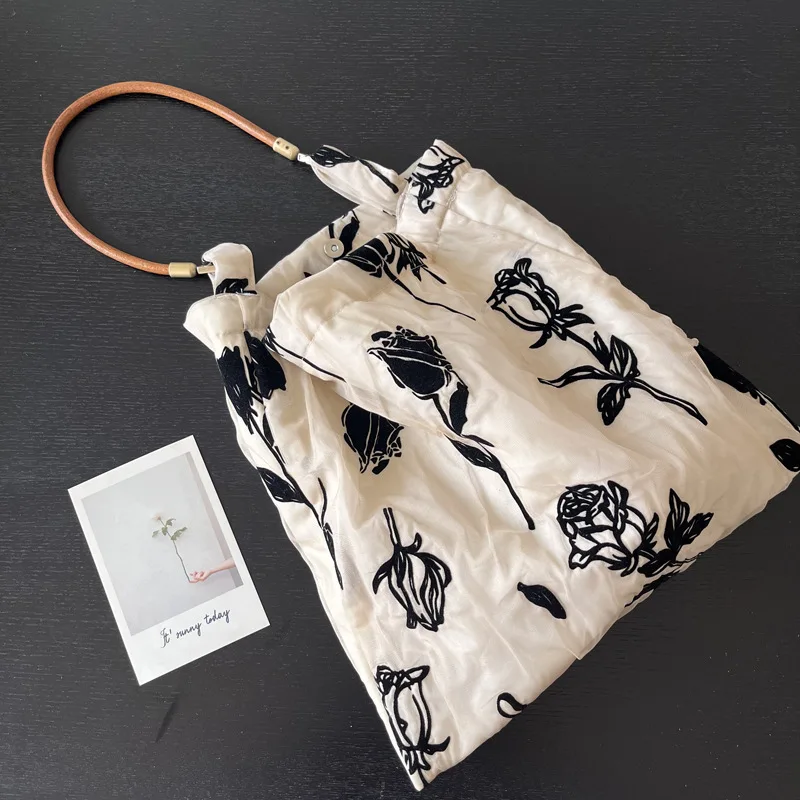 Retro Rose Damen Baumwollgarn Umhängetasche Lederband weibliche Pendel tasche Achsel Taschen große Kapazität Damen Geldbörse Handtaschen