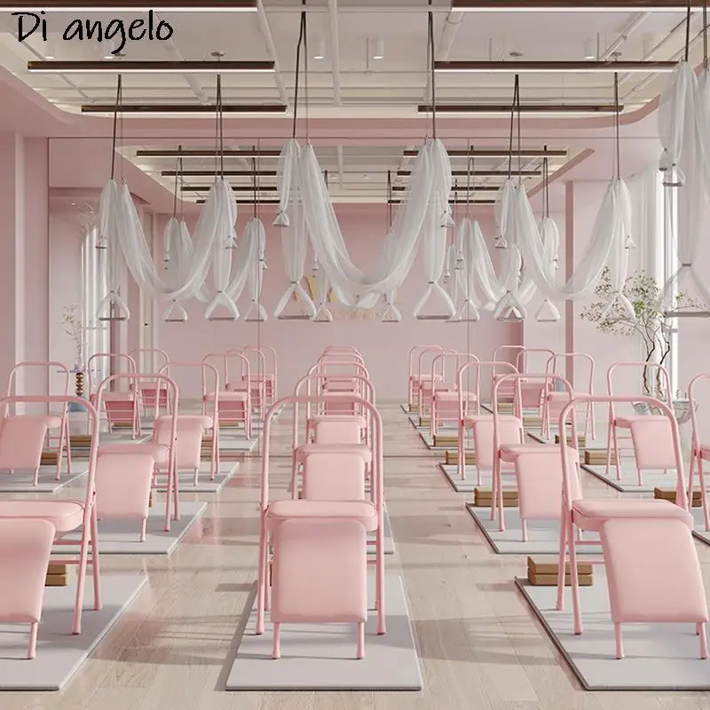 Multi-Purpose Thickened Pink Yoga Chair, Metal Foldable Fitness Chair, Yoga Belt, Lumbar Support, Stretching Auxiliary Chair