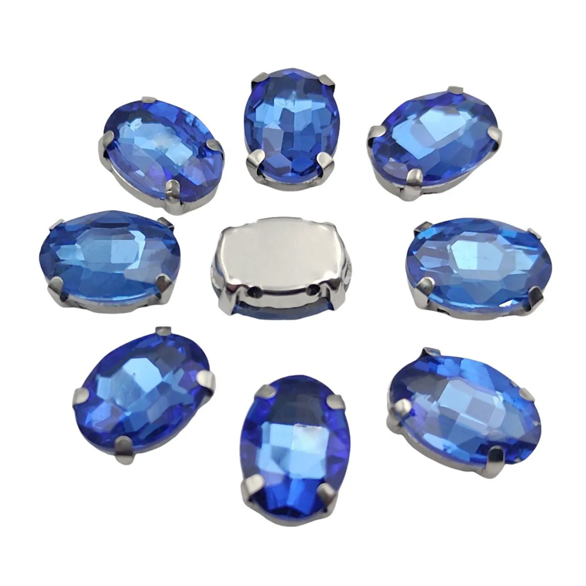 Oval Glass Rhinestones with Claw Setting on Silver Metal Base