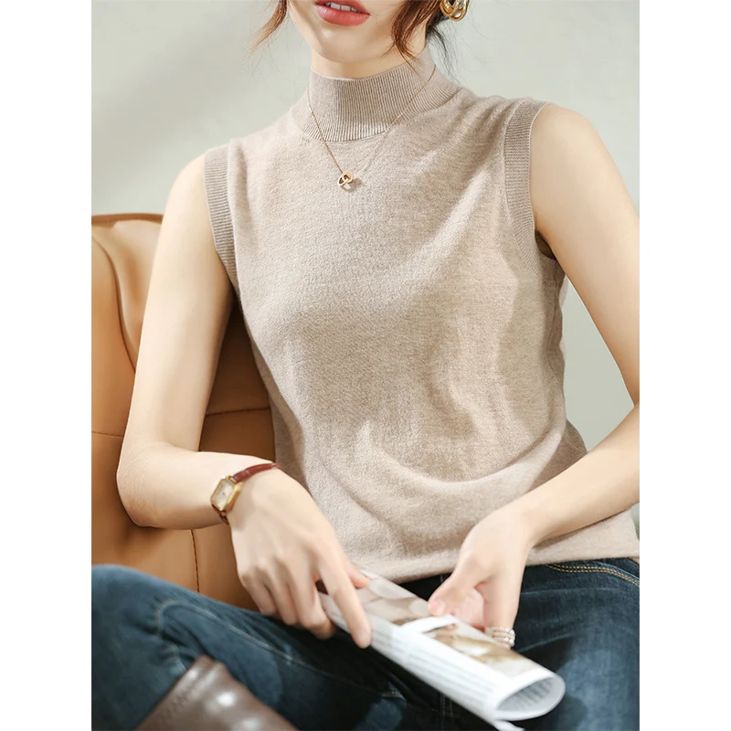 

Four Seasons Moze New Sleeveless Pullover Sweater Half Turtleneck 100% Pure Wool Knit Ladies Loose Outer Wear Vest Solid Color