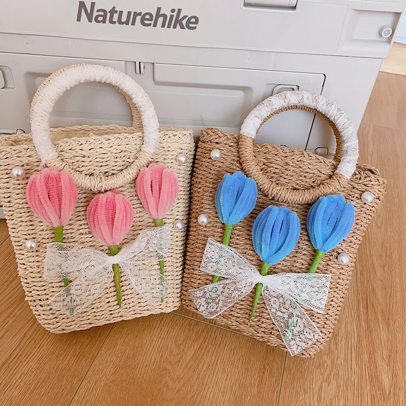 

Sweet Tulip Lace Applique Straw Handbag For Girls Summer Holiday Seaside Beach Bag Kids Fashion Bags Small Bag
