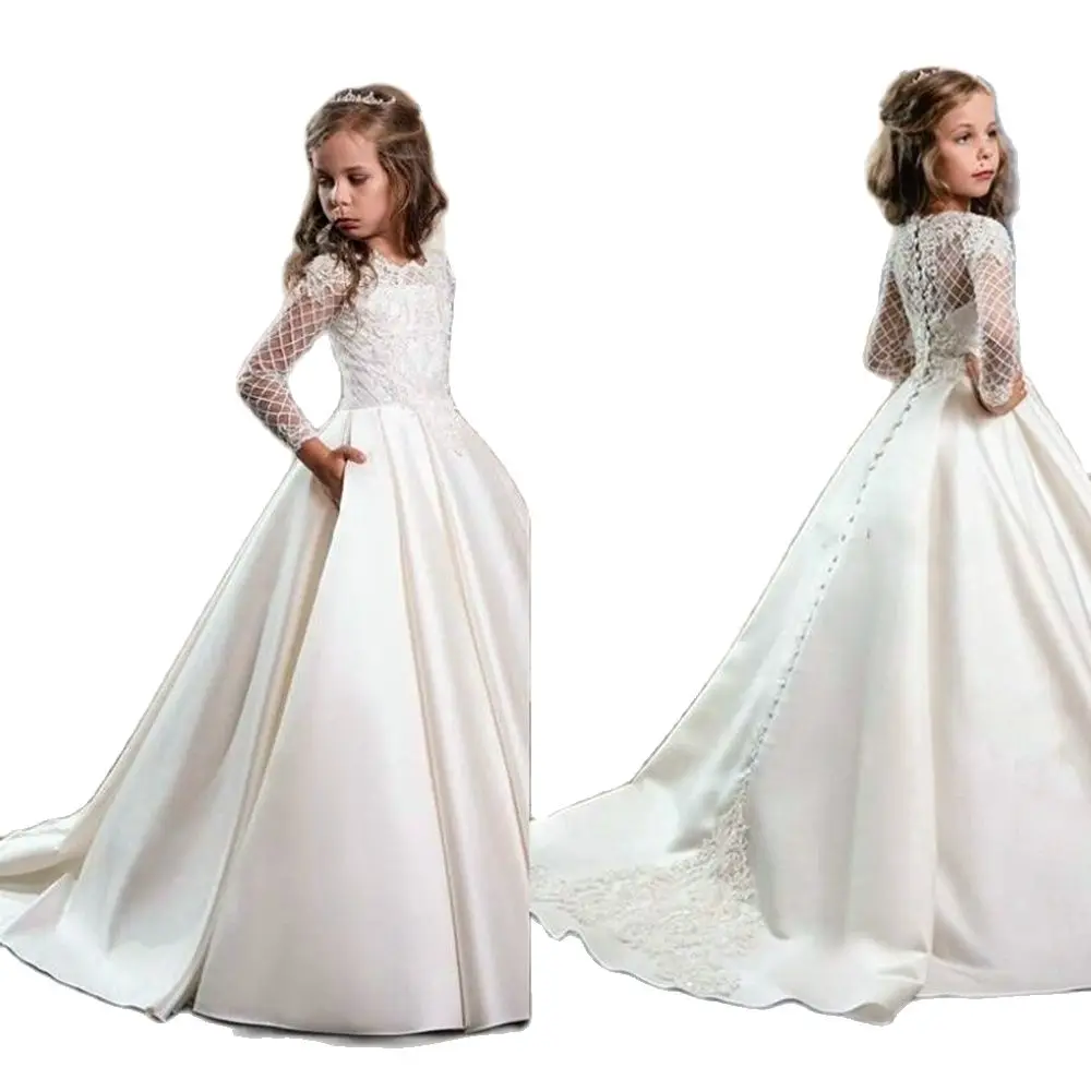 

White Satin Flower Girl Dresses A-Line Floor-Length Short sleeve Girls Pageant Dresses First Communion Dresses For Girls