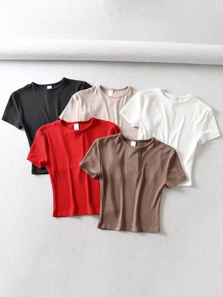 Moda Casual 2023 Estate Donna Slim Fit t-shirt attillata in cotone a maniche corte O-Collo tee Crop Tops688_voghion.com