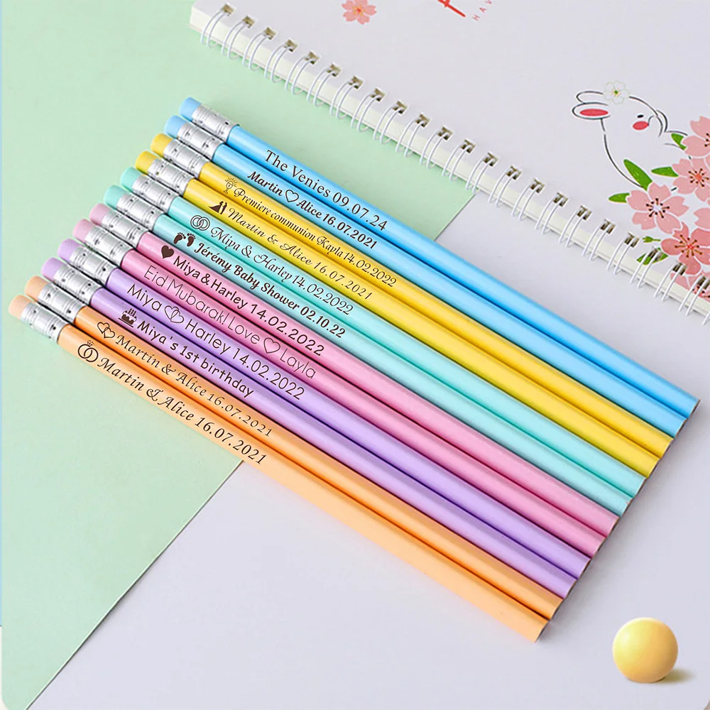 Lot De 50 Crayons Bois Personnalisés Avec Gomme – Gravure Nom Ou Message – Cadeau Mariage, Baby Shower, Anniversaire