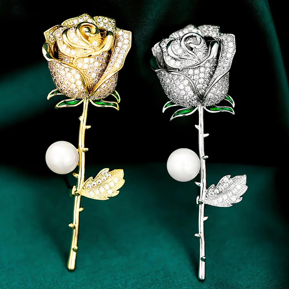 

ZHEN-D Jewelry Golden Silver Rose Shell Pearl Beautiful Shining Brooch Pin Gift for Lover Daily Clothes Party Suit Decoration