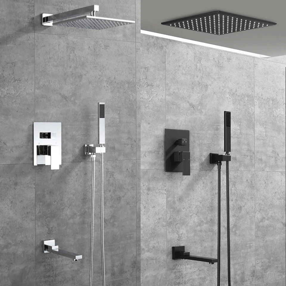 

Luxury Wall Mount Rainfall Bathroom Shower Faucet Set Concealed System 8-12'' Head with Swivel Tub Spout 2-3 Ways Mixer Taps