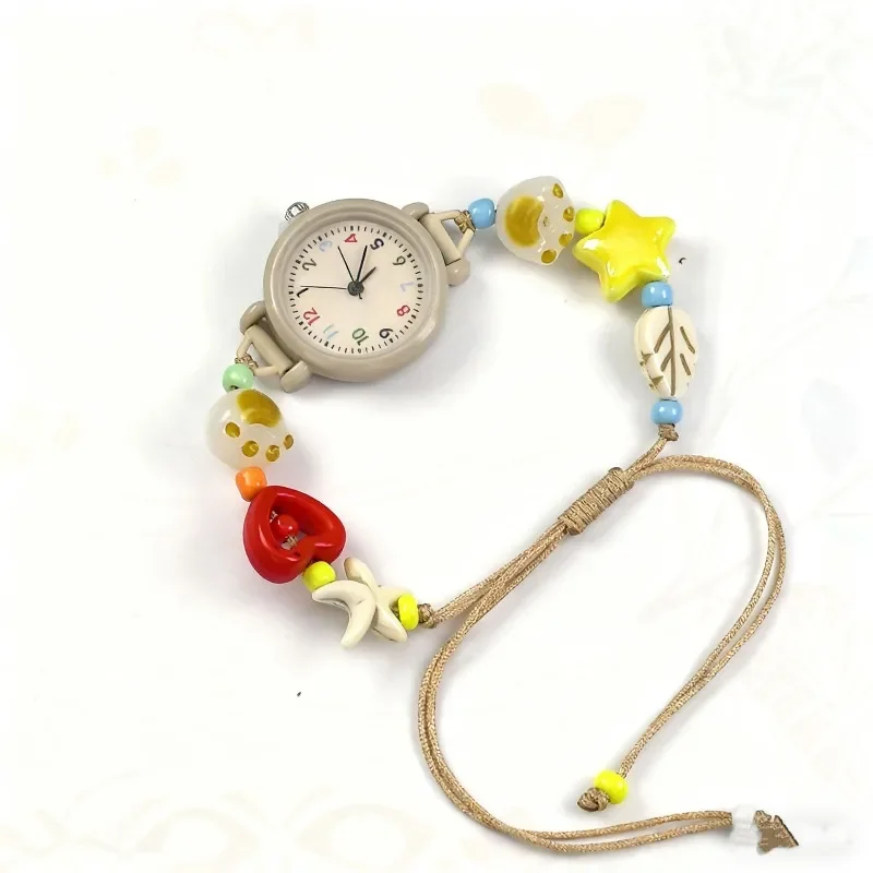 Cute Woven Red Apple Bracelet Watch for Girls Women Adjustable Star Heart Apple Beaded Pendant Quartz Watch Kids Gift