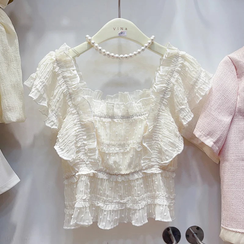 

Блузка без рукавов с квадратным вырезом, однотонная винтажная Облегающая рубашка во французском стиле, с оборками, в стиле пэчворк, на лето