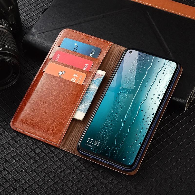 Crazy Horse Genuine Leather Flip Wallet Case with Fall Prevention
