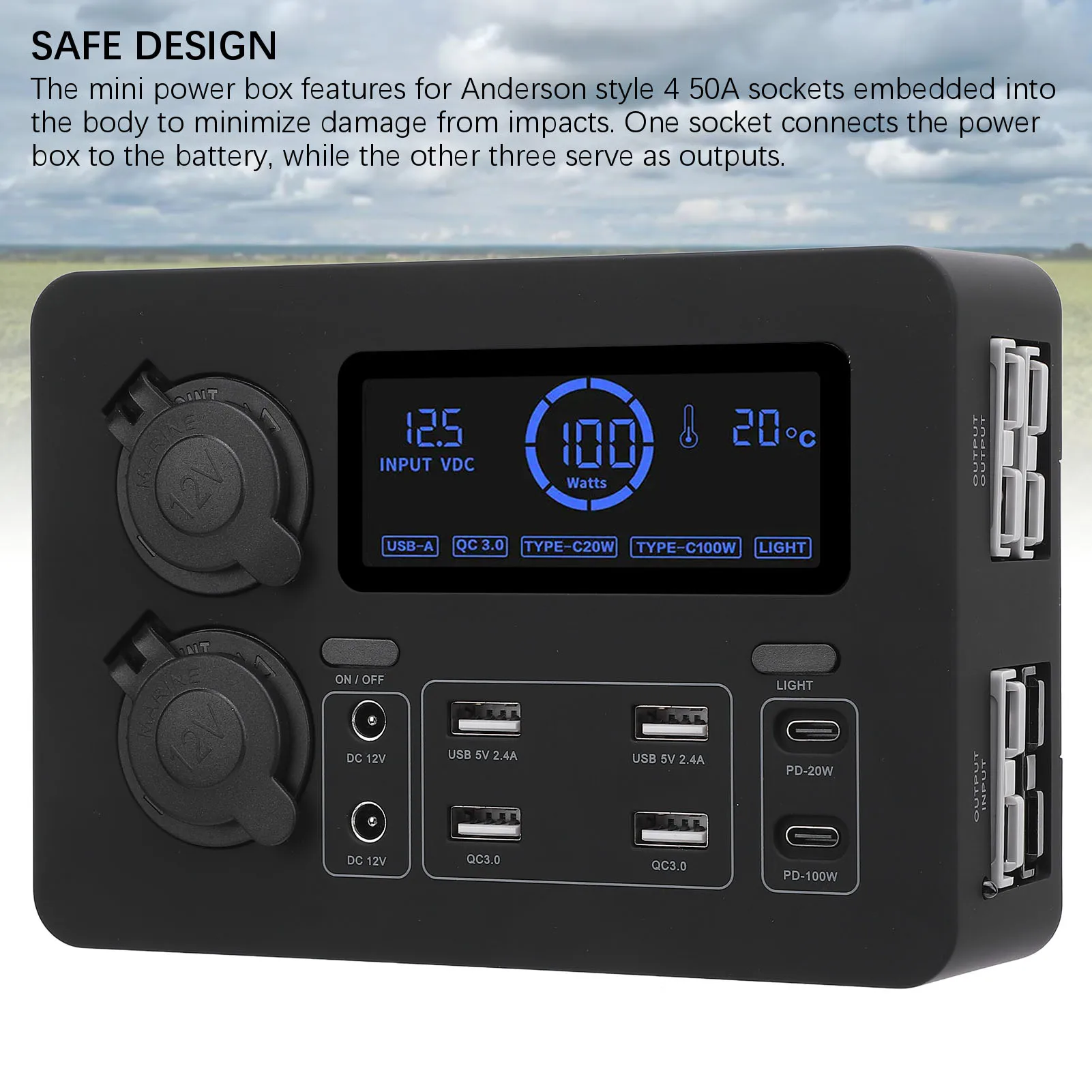 12V Mini Power Box 100W LCD Display USB C QC3.0 Port for 4  Outlet Multifunctional for Boat RV Car Boat Mini Power Box
