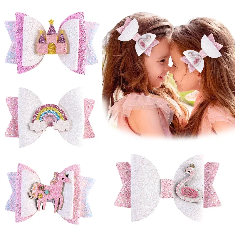 

ncmama 2Pcs Glitter Hair Bow Sequins Hair Clip For Baby Girls Cute Unicorn Flamingo Hairpins Barrettes Headwear Hair Accessories