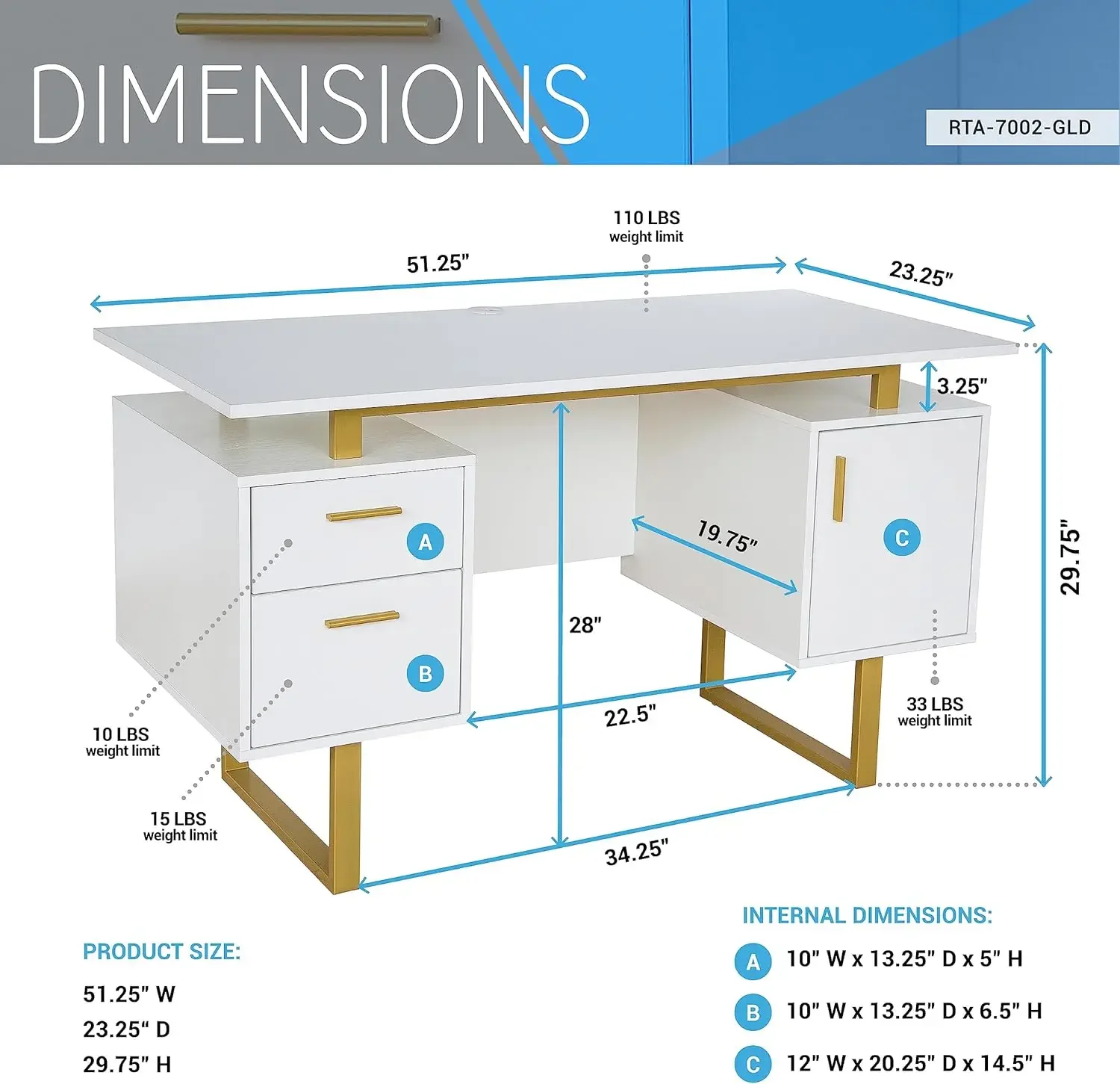 Techni Mobili Storage Drawers and Cabinet 51.25&rdquo; W-Modern Office Large Floating Desktop Surface Desk, 23.6" D x 51.2" W x 29.8"