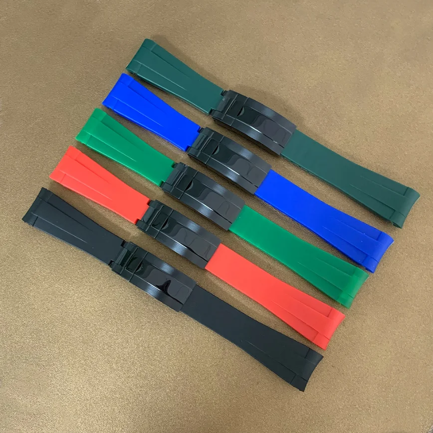 

20MM Watch Silicone Strap PVD Black Stainless Steel Single Folding Clasp 20mm Black Blue Greenwatch Accessories Strap