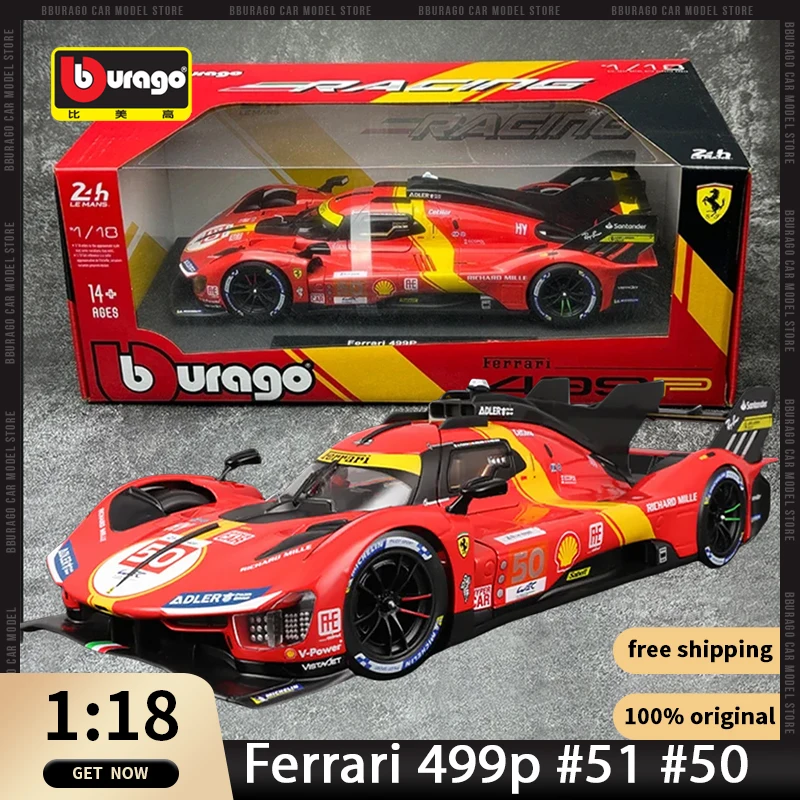

1/18 Le Mans Ferrari 499p #50 #51 Racing Car Model Bburago Licensed Rally Champion Alloy Luxury Vehicle Toy Fans Collection WEC