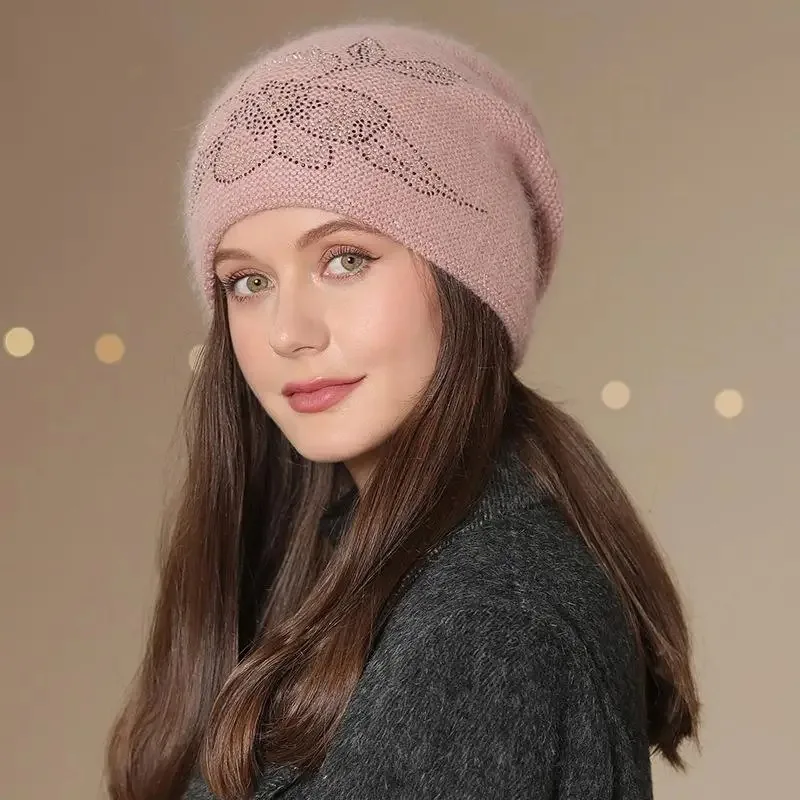Women Winter Hat Fashion Decorate Beanie Hat Rabbit Fur Blend Warm Winter Cap Dopamine For Female Casual Streetwear Knitted Hat