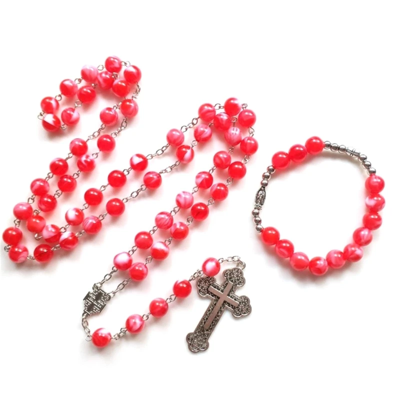 CatholicRosaryNecklacePendantBraceletChristianRedAcrylicBeadsLongChainforWomenGirl