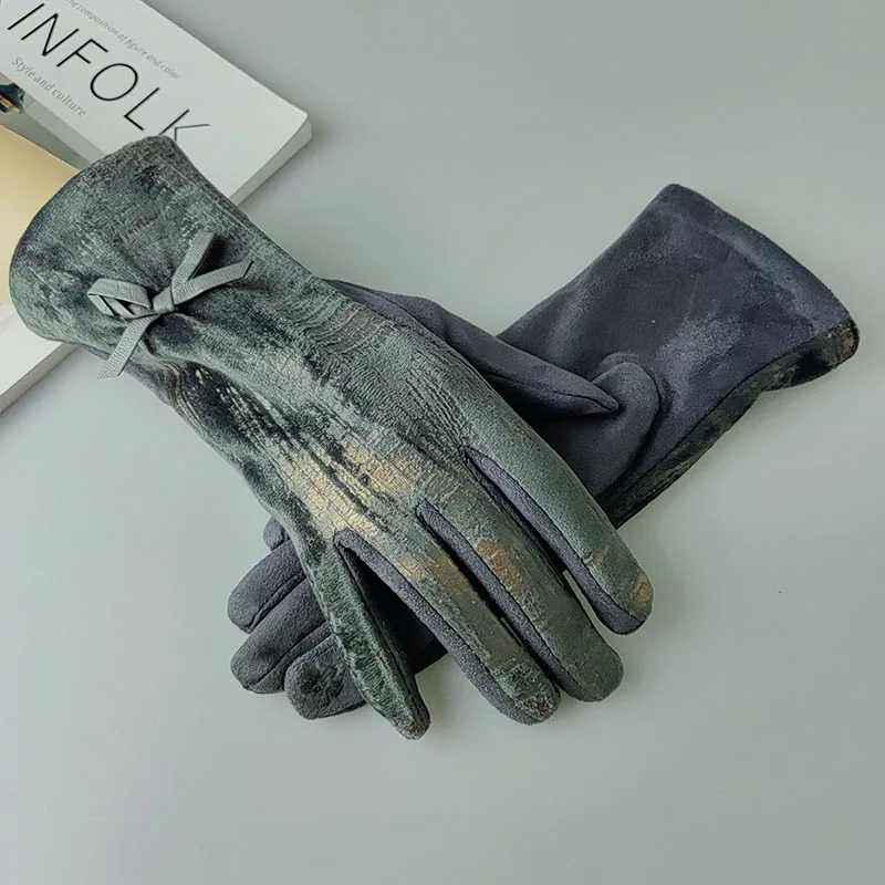 

Fashion Suede Leather Bow Spliced Retro Oil Painting Touch Screen Cold Driving Gloves For Sports Women's Winter Windproof Riding