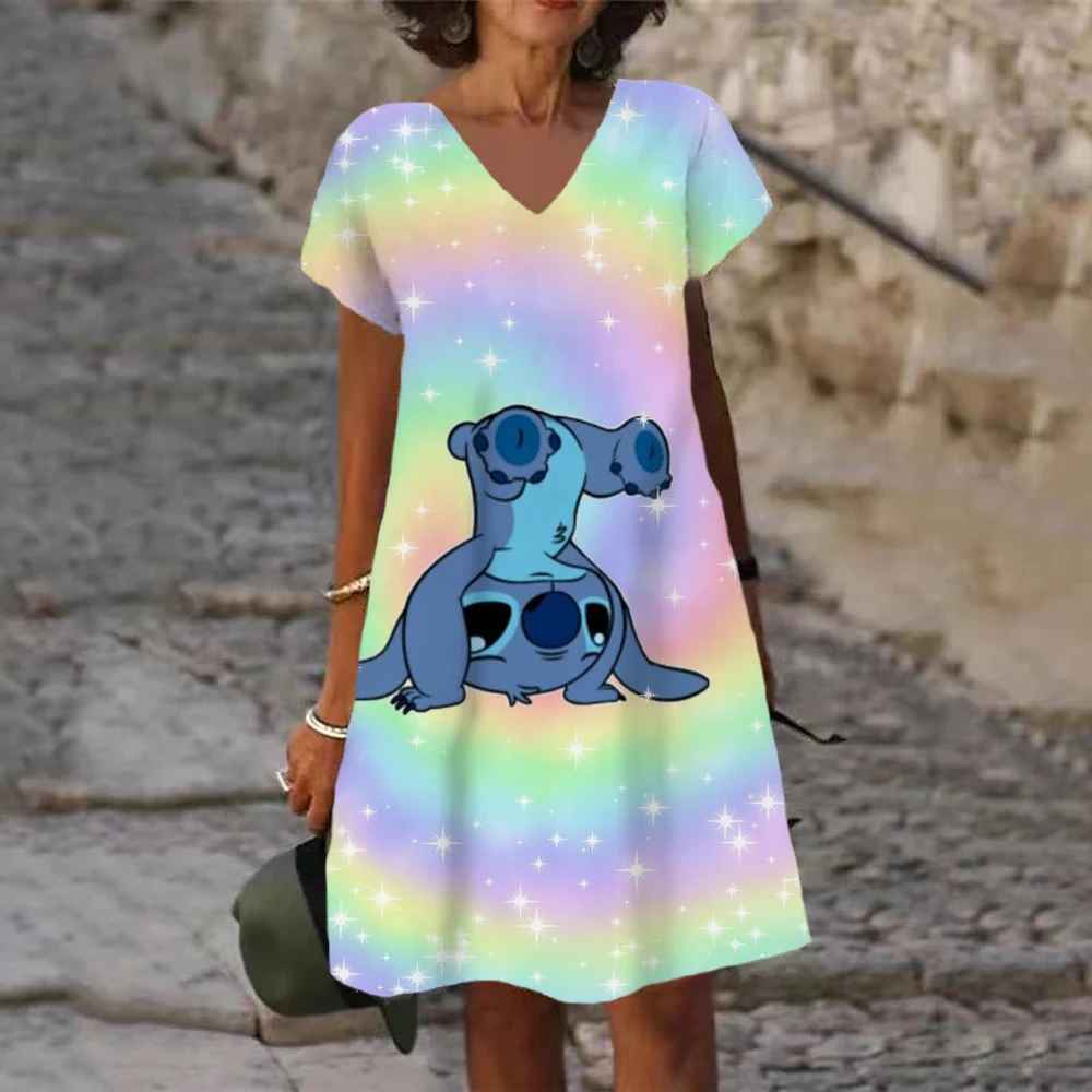 

Disney Stitch Printed 3D Dress 2022 Elegant Casual Vintage Dress Woman Summer Beach V-neck short sleeve Girls Loose Dress Women