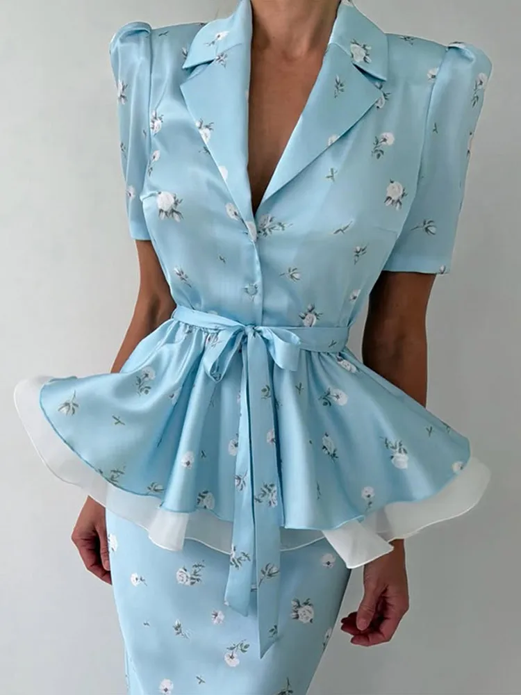 Women's Matching Sets Floral Top Two-Piece Set Peplum Blazer Midi Skirt Elegant Formal Co-Ord Summer Suit Daily Wear Skirts 1