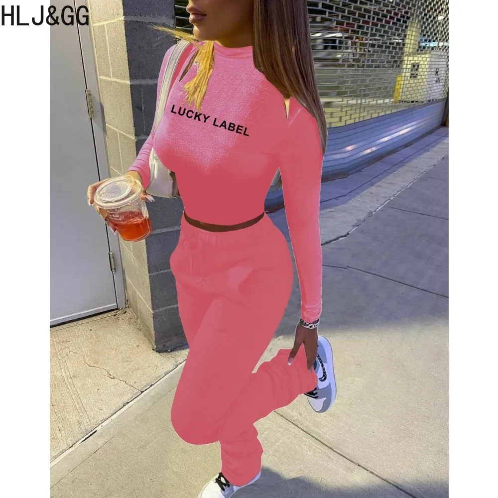 HLJ&GG Casual Lucky Label Letter Printing Two Piece Sets Women Round Neck Long Sleeve Crop Top + Jogger Pants Tracksuits Outfits