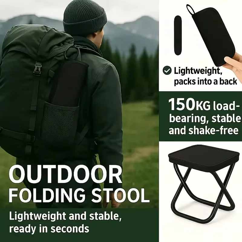 Tabouret pliant portable avec structure en fer robuste, idéal pour les activités de plein air comme le camping, la pêche et les pique-niques