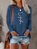 Haut à manches longues pour femmes, col rond ample, couleur unie élégante, t-shirt en polyester tricoté, mode automne et hiver, motif cœur 2