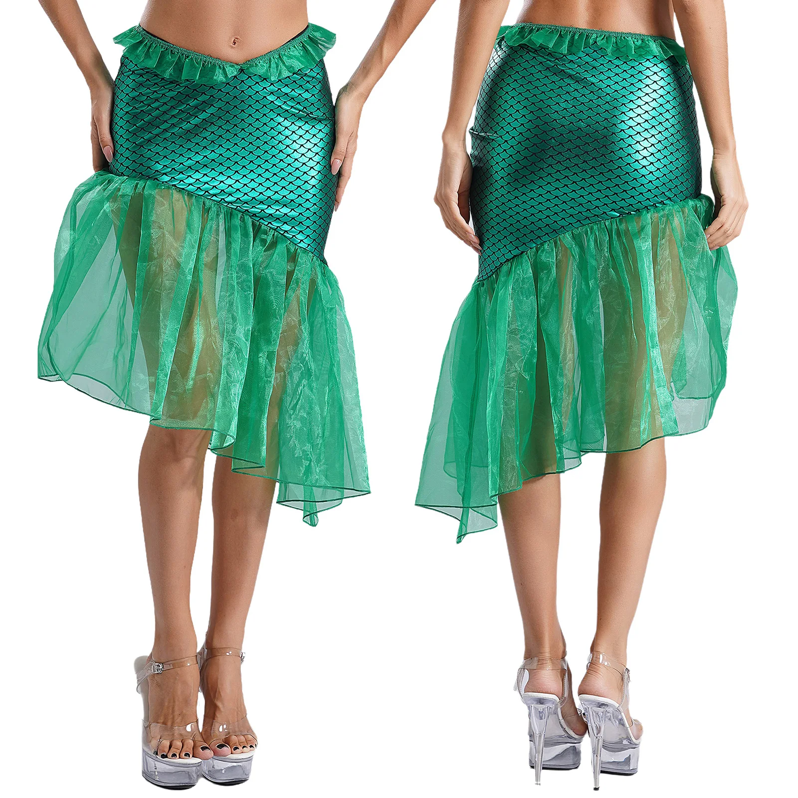 Ladies Mermaid Halloween Cosplay Costume Fishscales Printed Tail Skirts Swimming Princess Dance Tail Dress for Theme Party