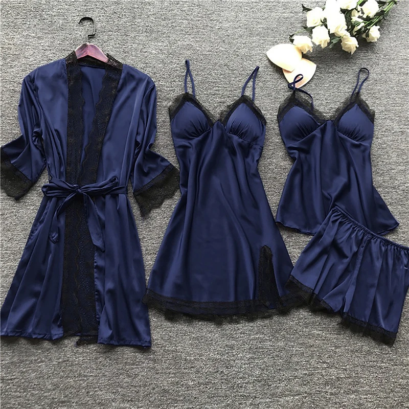 4PCS/Set Women's Pajamas Lace Set Sexy V-Neck Sleepwear Comfortable Night Dress Nightwear Spring Nightdress Fashion Home Clothes