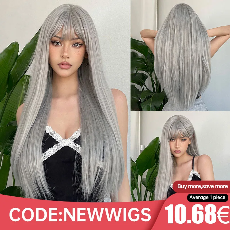 Lolita-pelucas sintéticas largas y rectas para mujer, pelo Natural con flequillo para Cosplay, color gris ceniza plateado, fiesta diaria, resistente al calor