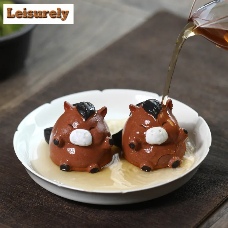 Yixing Purple Clay Cute Heart Wide Fat Body Horse Tea Pet Handmade Tea Spirit Tea Figurine Play Toys Tea Statue Ornaments Craft