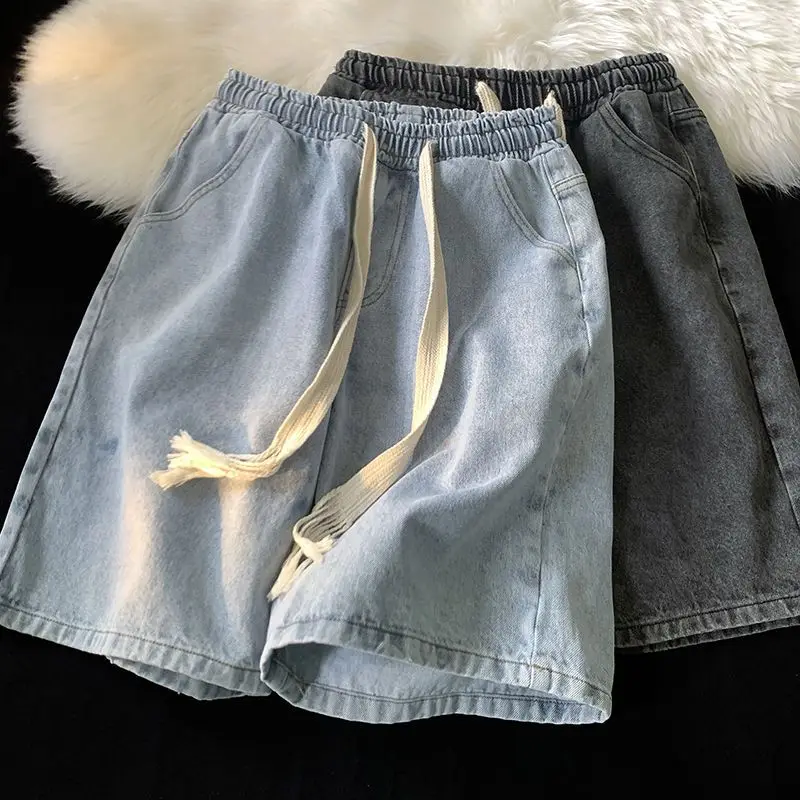 

2023 Vintage Woven Denim Shorts Men's Summer Thin Loose Casual Trend All Match Student Quarter Pants Wide Leg Jeans Cargo Pants