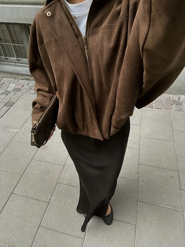 HH Autumn Women Loose Casual Suede Overcoat Jackets Vintage Solid Long Sleeve Zipper Bomber Jacket Fashion Lady Streetwear Coats