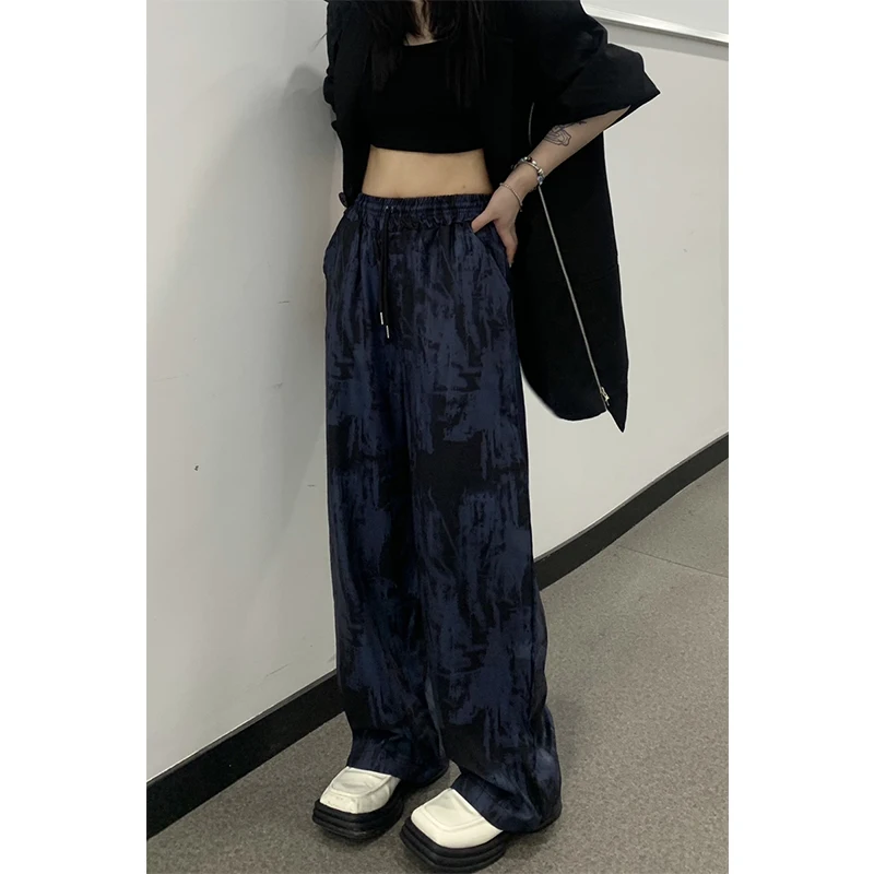 

Женские винтажные брюки с поясом на резинке, уличные широкие брюки с высокой талией, повседневные Прямые свободные брюки для осени