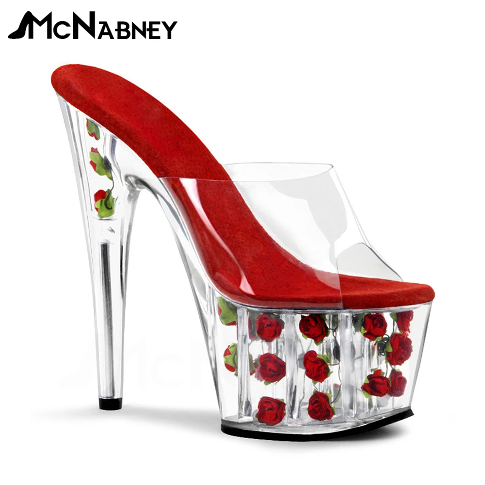 

Rose Flower Heel Mules for Pole Dancing Sexy Clear Open Toe Stiletto Slippers Custom Color Handmade Summer High Heel Sandals New