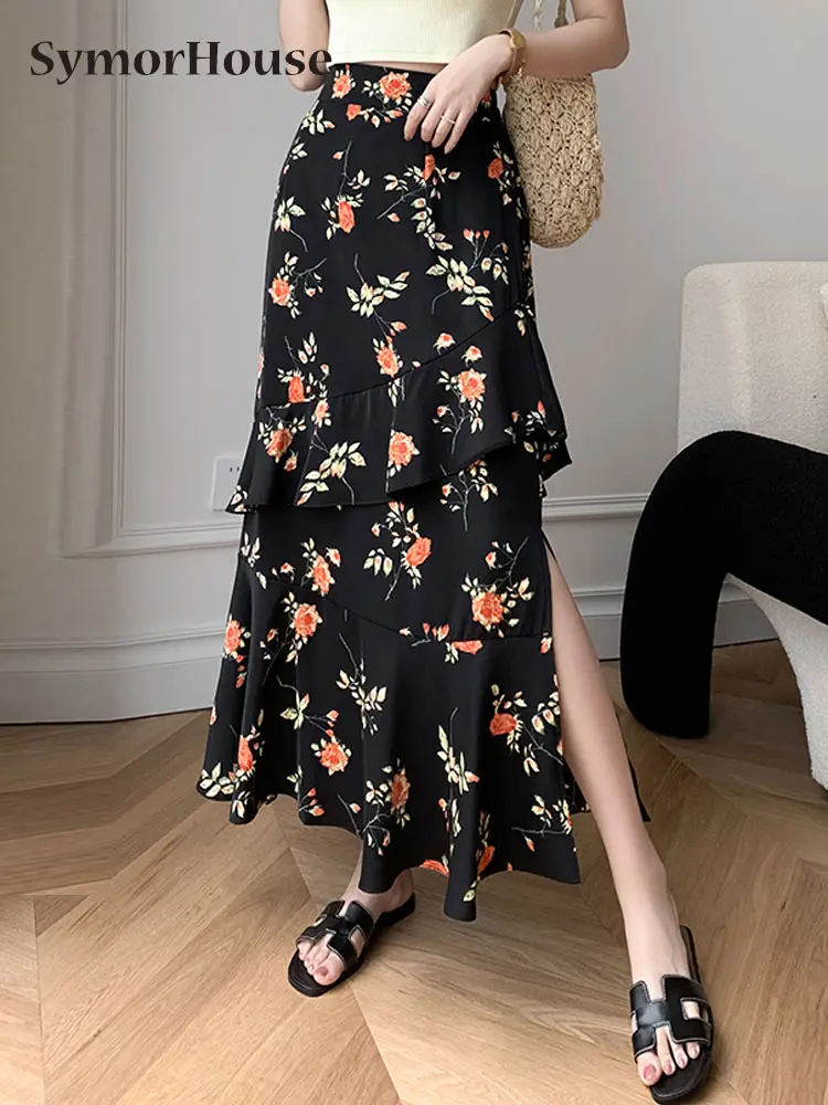 

New 2023 Summer Floral Print Skirt for Women High Waist Elegant Ruffles Vintage Chiffon Split Mermaid Skirts Female