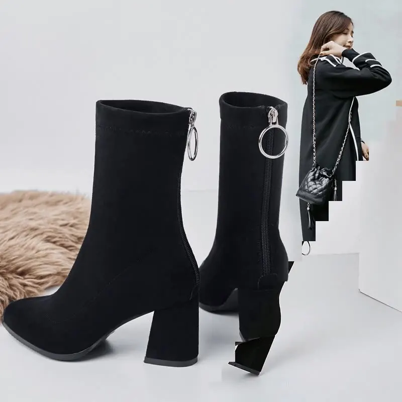 

Shoes Boots Sexy Thigh High Heels High Sexy Elegant Rubber Pointy Over-the-Knee Ladies Med Slip-On Solid Microfiber PU Basic Re