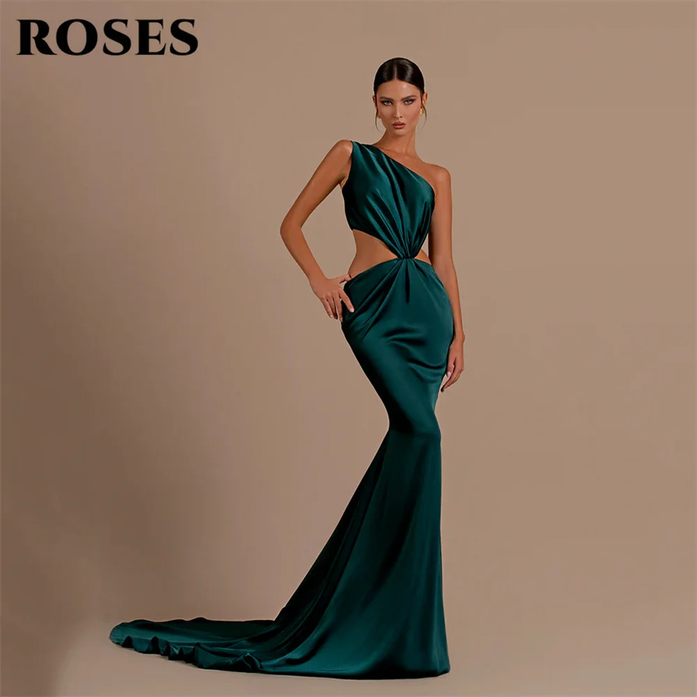 

ROSES Teal Mermaid Prom Dresses One-Shoulder Sleeveless Evening Dresses Sexy Cut Out 2024 فستان سهرة Sweep Train Party Dress